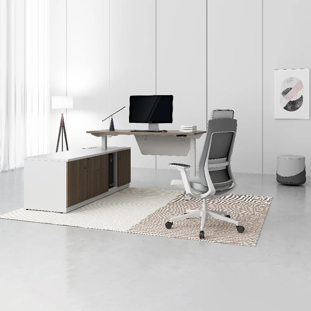 L-shaped Executive Desk Standing Table Adjustable Height Dual Motor With Drawer And Lockable Filing Cabinet