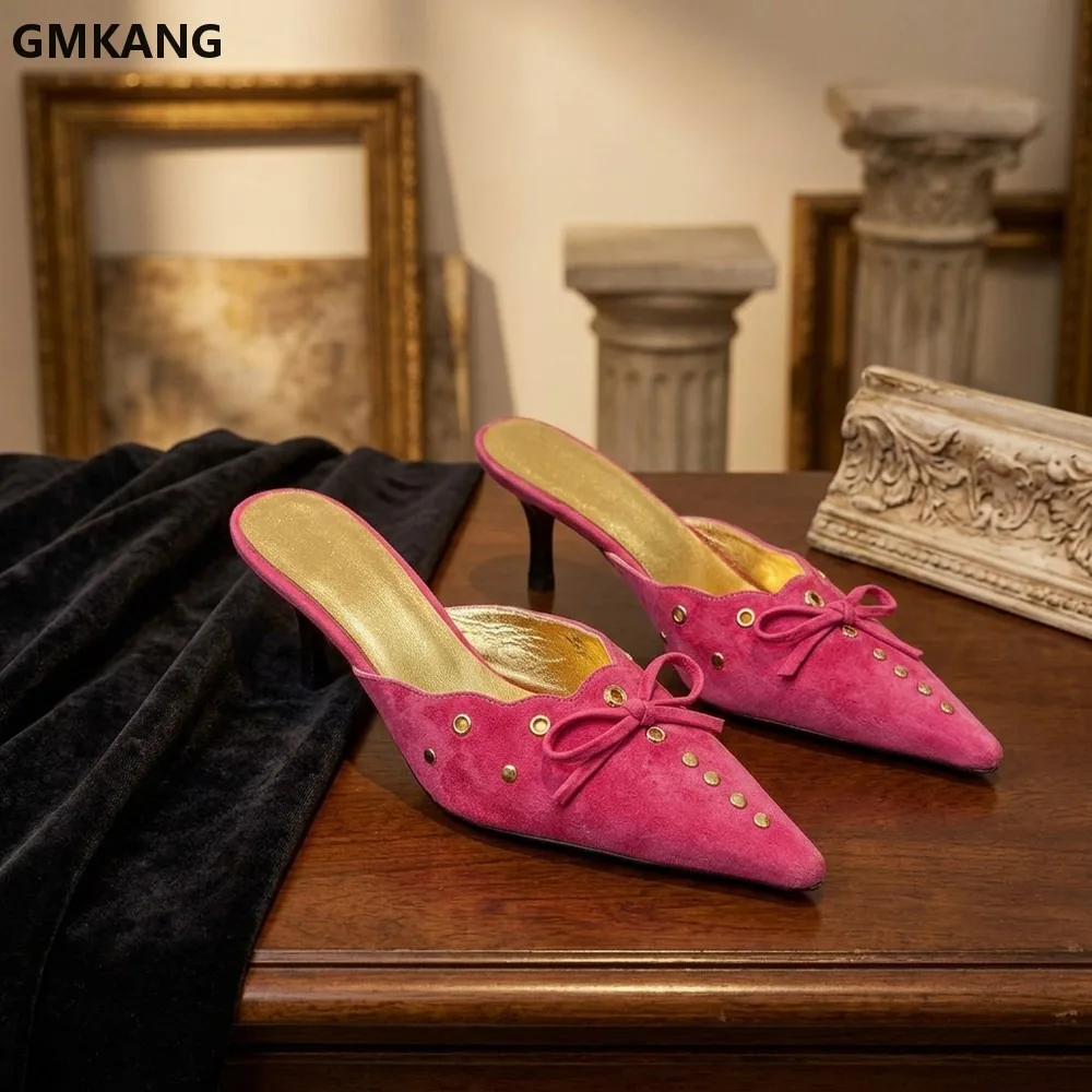 

Retro Suede Pointed Toe Mule Shoes for Women Low Heel Slip On with Beaded Bow Chunky Heel Casual Office Wear Summer Comfort