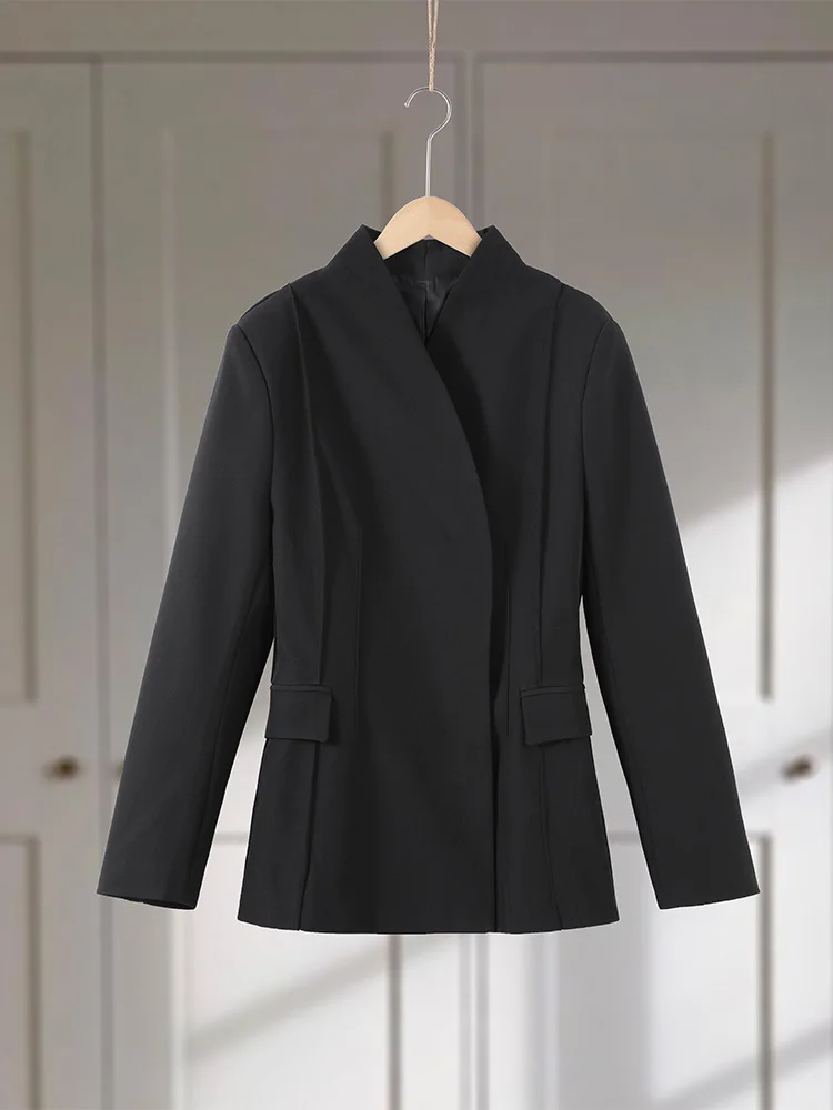 

Элегантный женский черный блейзер с длинным рукавом, воротником-стойкой и пряжкой, утепленная куртка для женщин, весна-осень 2026, повседневная верхняя одежда для офиса