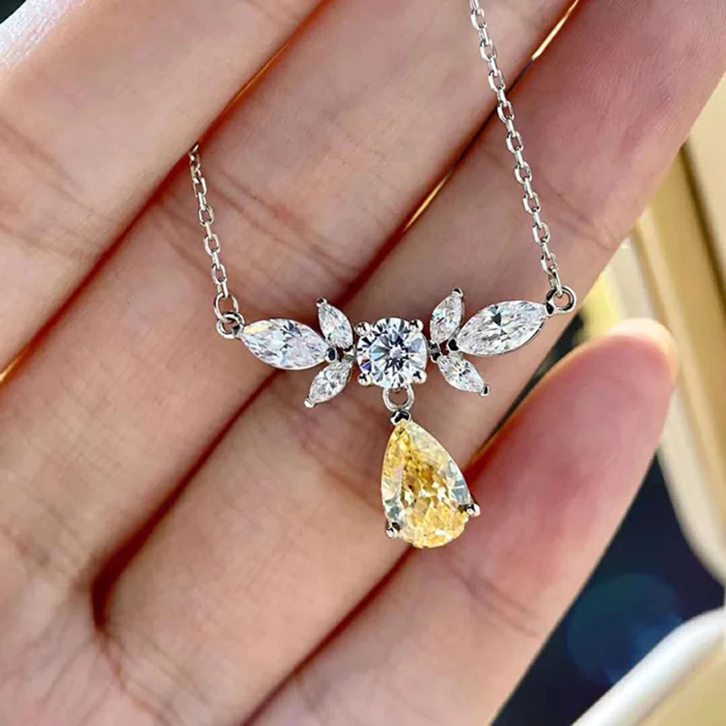 Huitan Temperament Elegant Women Necklace with Yellow Pear Cubic Zirconia Bright Lovely Girls Pendant Clavicle Necklace Jewelry