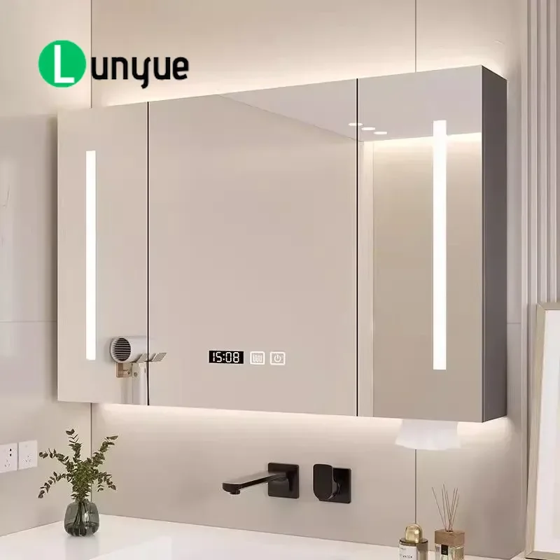 Wall Mounted Solid Wood Bathroom Mirror Cabinet with LED Light Time Display Defogging Moisture Proof Smart Storage for Modern