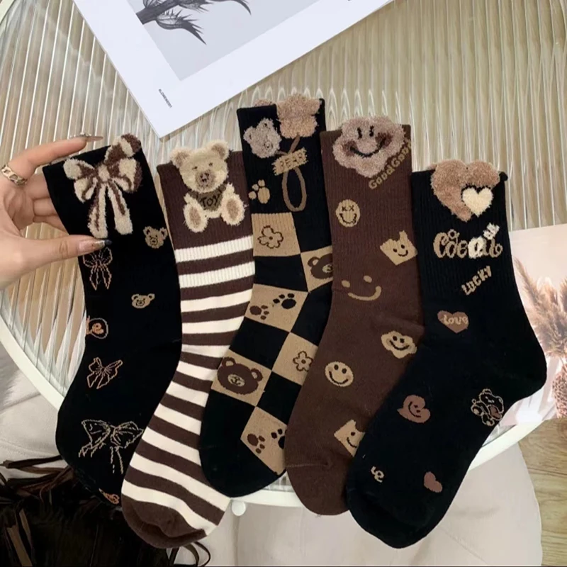 

5 Pairs Socks Women's Autumn/winter Feather Yarn Cartoon Bear Thermal Stocks Versatile Cute Mid Tube Socks for Women