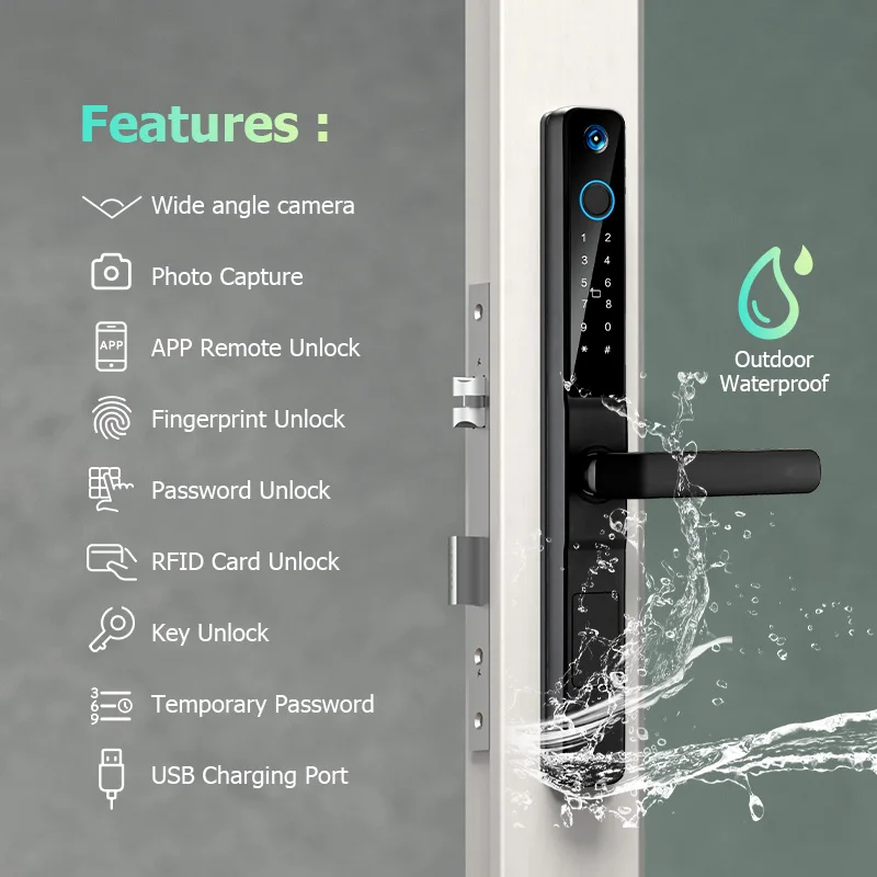 Camera TUYA APP Fingerprint RFID Card Password Keyless Electronic Smart Door Lock Aluminum/Glass/PVC/Wooden Door Smart Life
