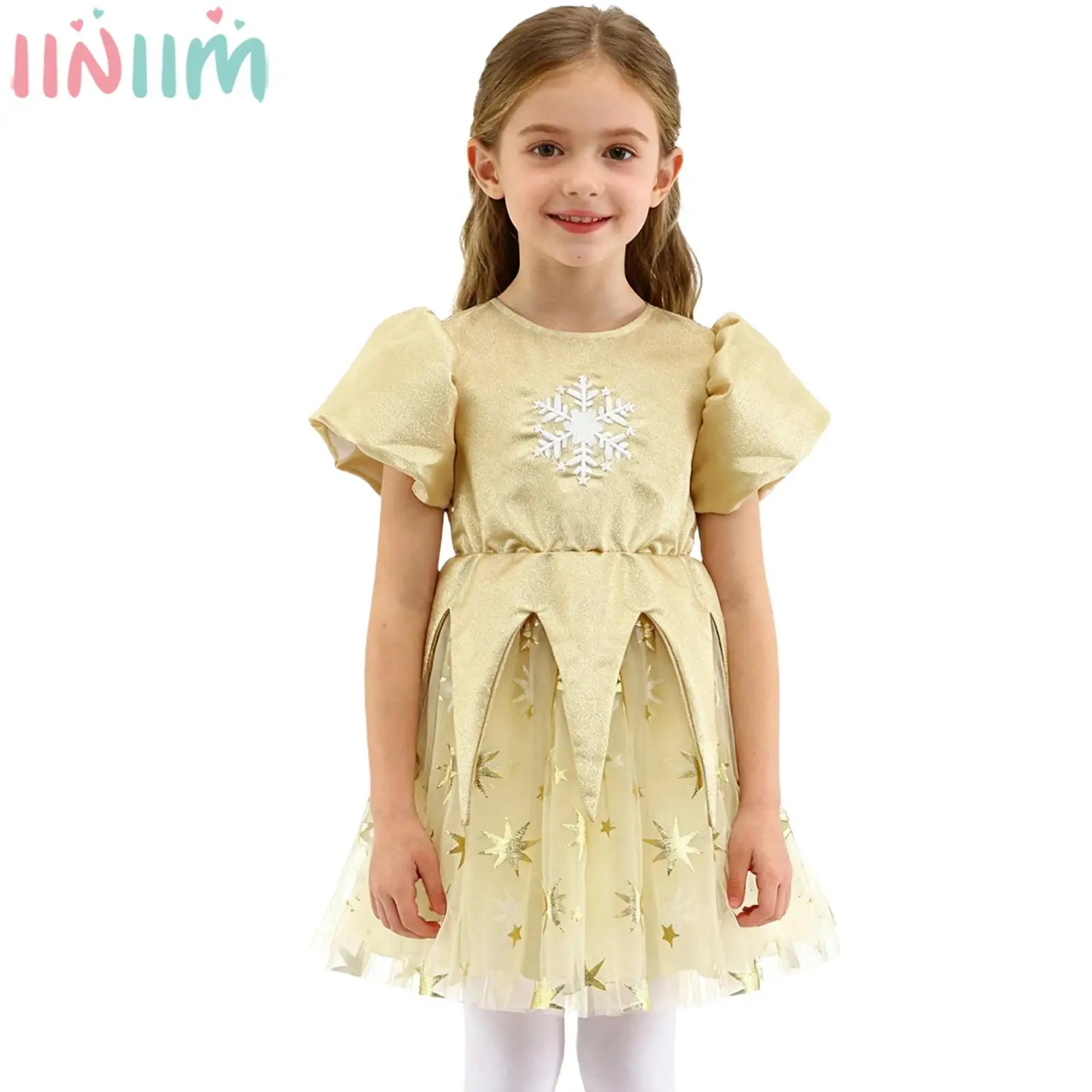 Kids Girls Christmas Party Tutu Dress Puffy Sleeve Snowflake Embroidery Mesh Ball Gown for Xmas New Year Birthday Photography