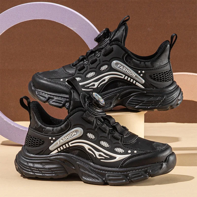 Boys Sneaker Rotary Buckle Running Shoes Flame Print Luxury Autumn Non Slip Chunky Sole Kids Outdoor Training Athletic Sneakers