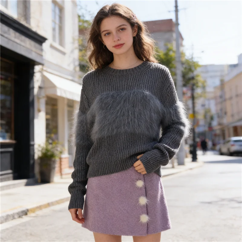 

Женский свитер из ангоры с круглым вырезом, длинными рукавами, пушистый, теплый, вязаный джемпер из меха норки, весна-осень