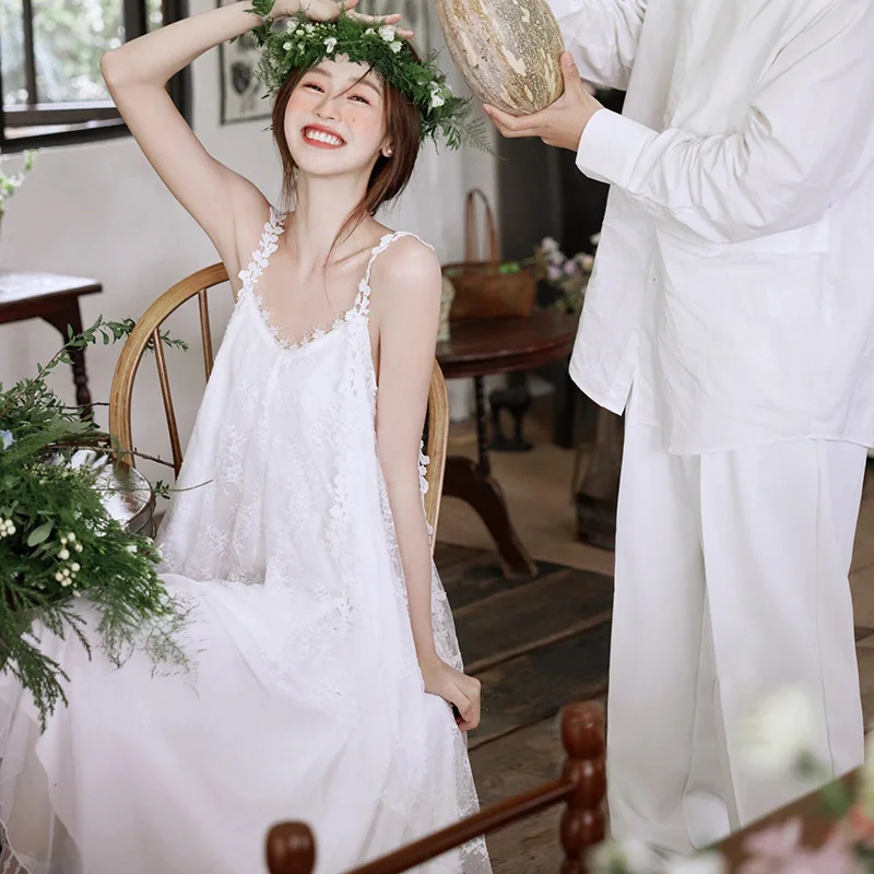 Suspender light wedding dress 2024 autumn new bridal wedding super fairy morning robe white simple temperament Mori door dress