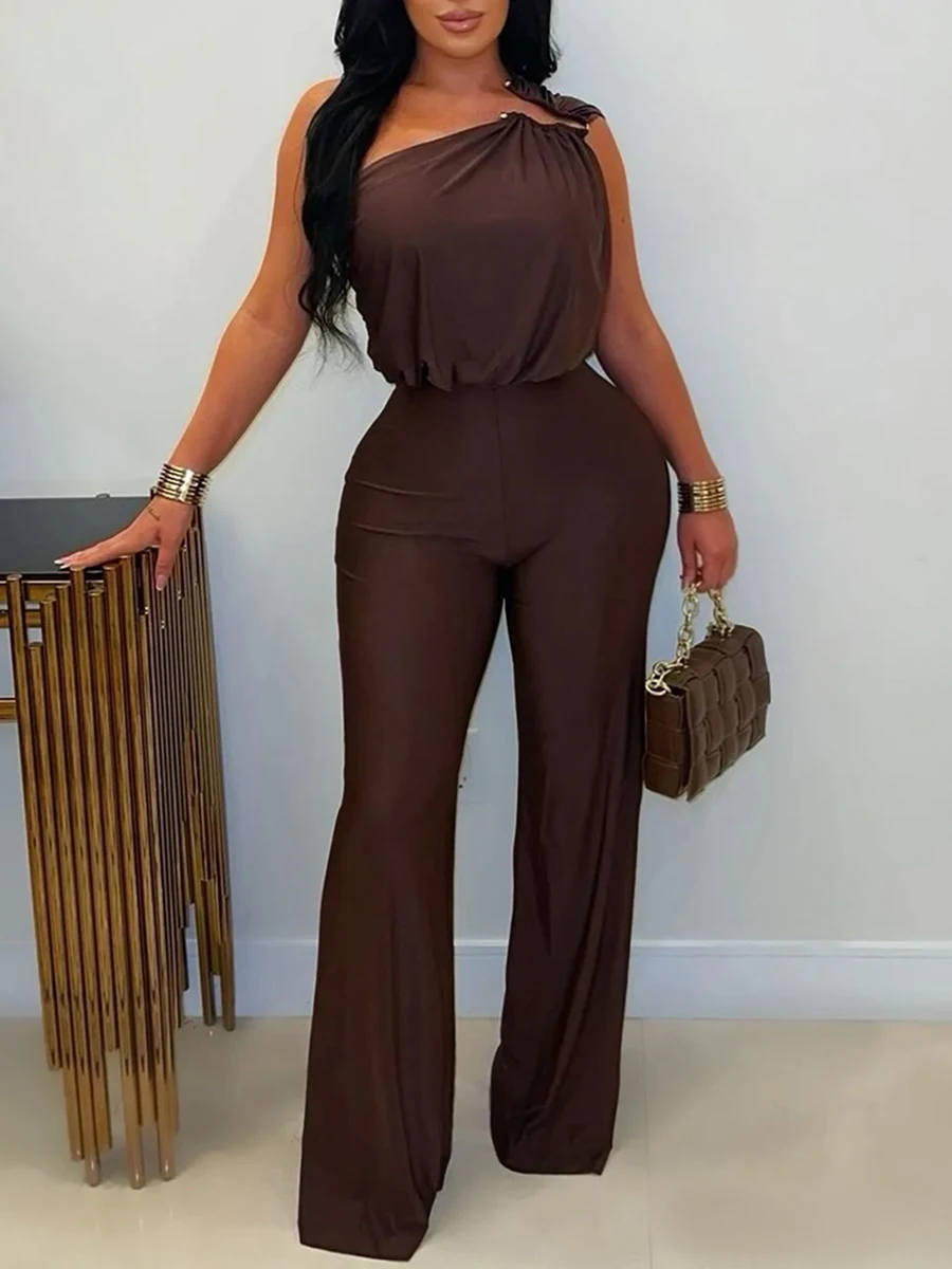 ZIML بدلة قفز متينة للتخسيس غير رسمية للنساء بياقة قطرية بدون أكمام سراويل عالية الخصر بدلة خريف أنيقة للسيدات