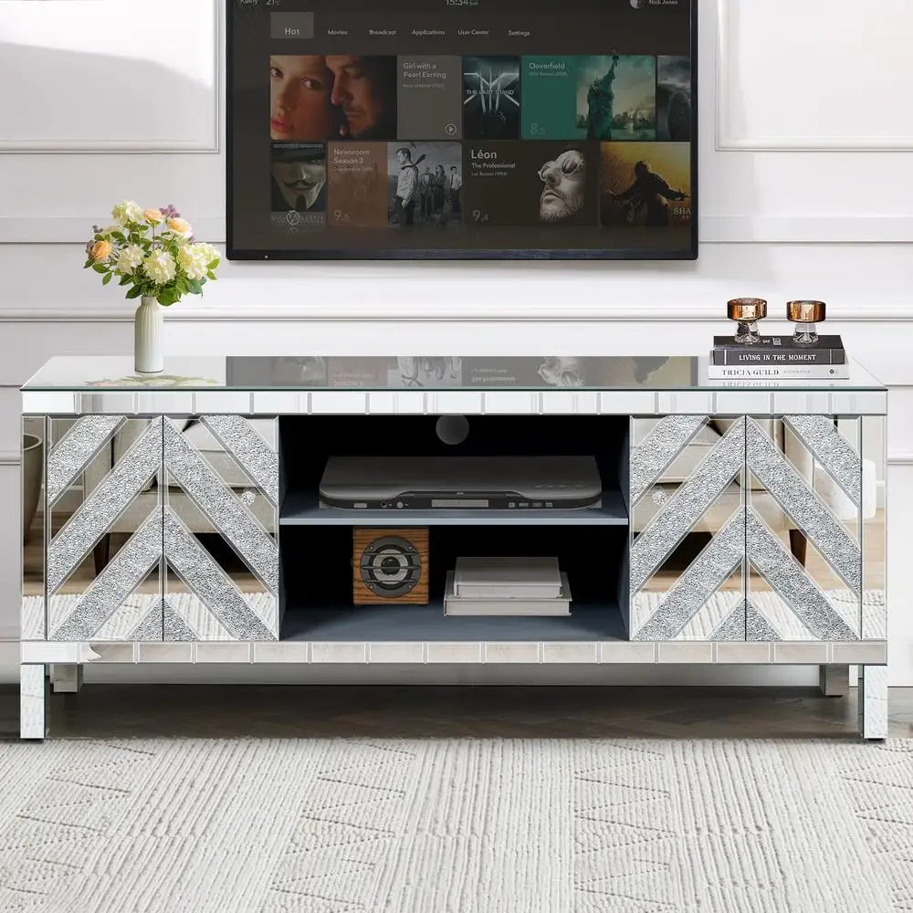 

Mirrored TV Stand for 65+ Inch TV Glamorous Sliver Console Table with 2 Cabinets Open Storage M Shape Crystal Doors