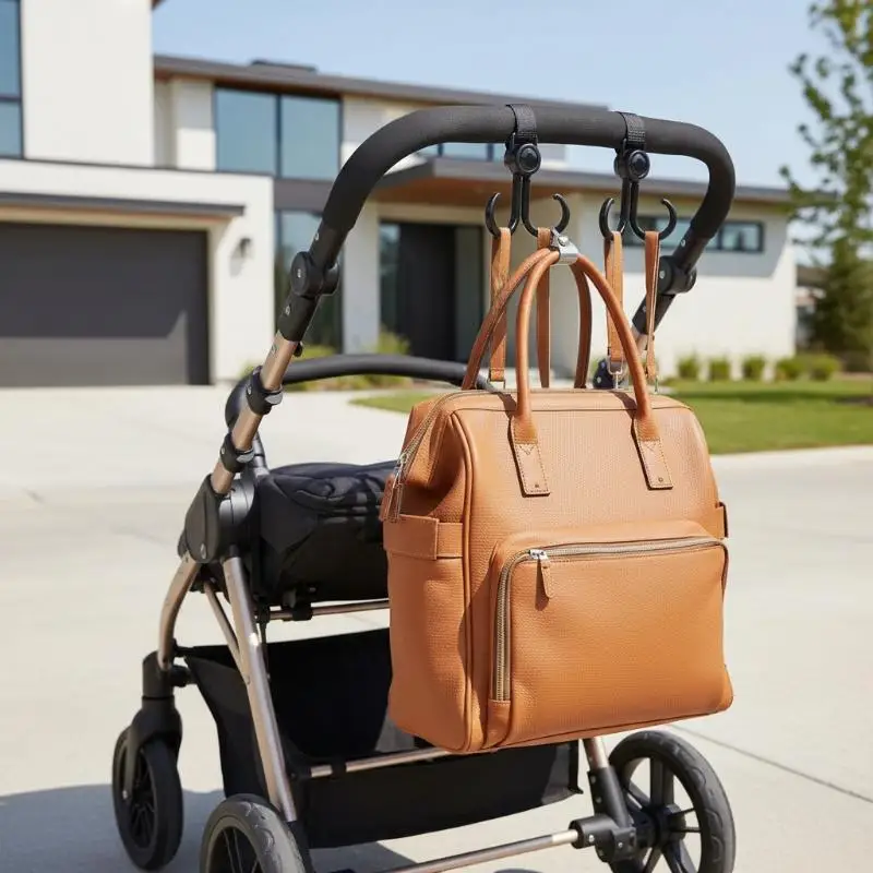 360-degree Rotatable Double Hook Stroller Holder with Velcro Strap for Convenient Baby Outings