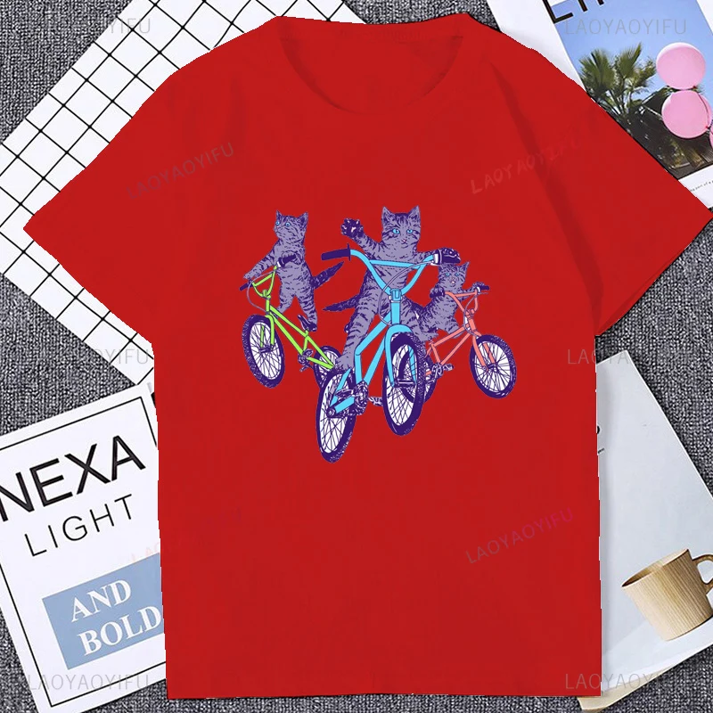 Kawaii مضحك القط الكرتون المطبوعة BMX الدراجة الجرافيك التي شيرت عادية موضة Harajuku الهيب هوب رجل تي شيرت التنفس الراحة القطن تيز #3