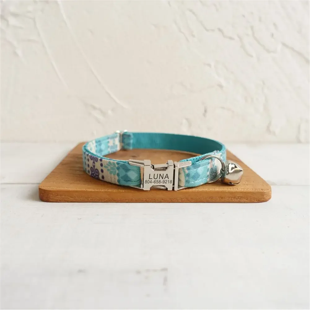 

Personalized Cat Collar with Free Engraving, Matching Pet Leash,Customzied Contacts Metal Buckle, Blue Ethnic Small Pet Collar