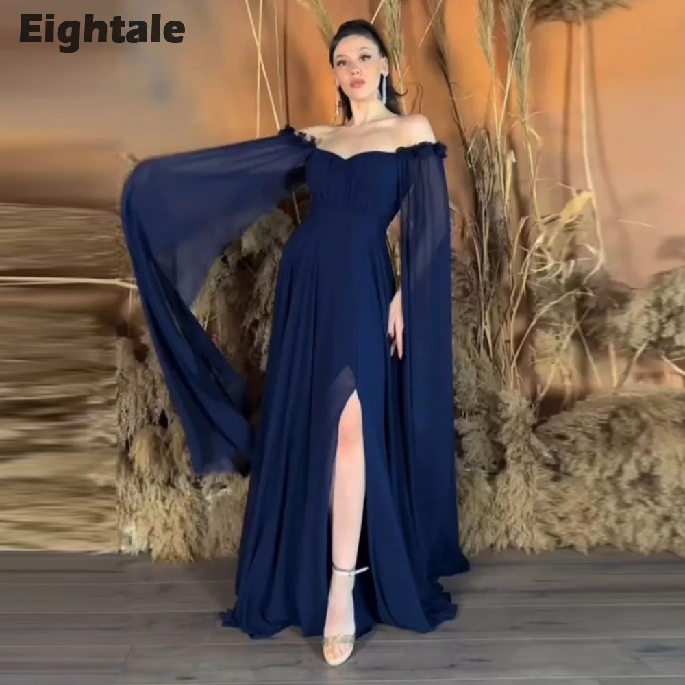 

Eightale Navy Blue Evening Dresses for Wedding Party V-Neck Long Sleeves Custom Made Chiffon A-Line Formal Celebrity Prom Gowns