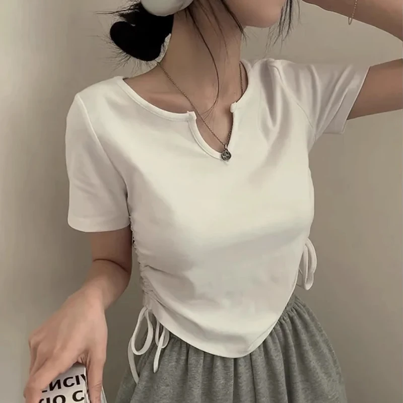 

Simple Drawstring Slim Waist Women T-shirts Hottie Expose Navel Crop Tops Short Sleeve V Neck Solid Y2k Tees Female Summer