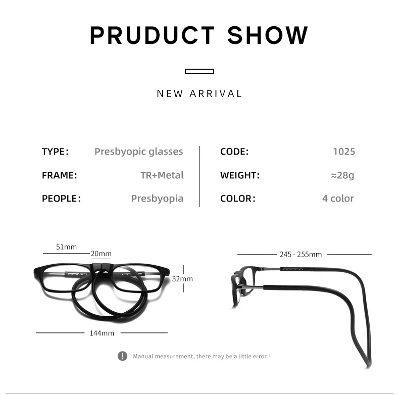 Neue Faltbare Halsband-Lesebrille HD-Harz Modische Magnetische Gleitsichtbrille für Alterssichtigkeit – Detail 8