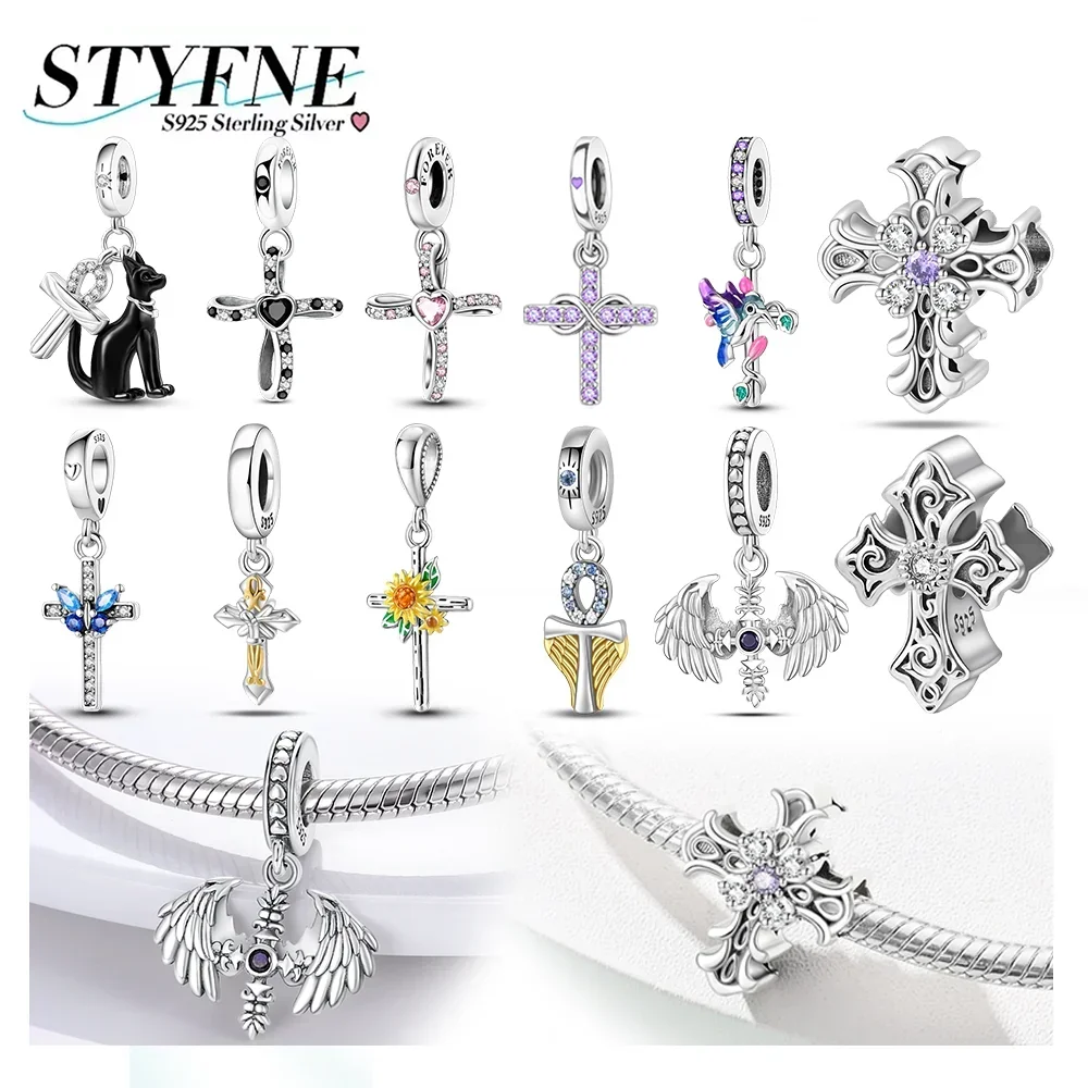 Color Angel Wings Cross Pink Love Cross Charm Bead Fit Original Bracelet DIY Making Exquisite 925 Silver Fashion Jewelry Gift