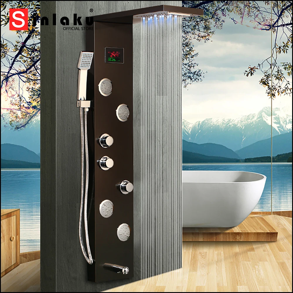 SINLAKU LED Shower Panel Waterfall Rain Digital Display Shower Faucet Set SPA Massage Jet Bathroom Column Tower System Tap