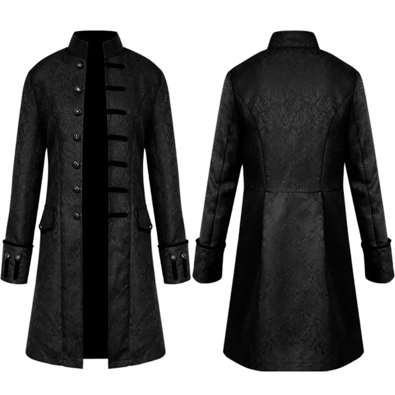 Black Gothic Steampunk Cotton Jacket Coat Victorian Edwardian Costume Men's Long Military Uniform Dress Suits Roll-Up Sleeves JS