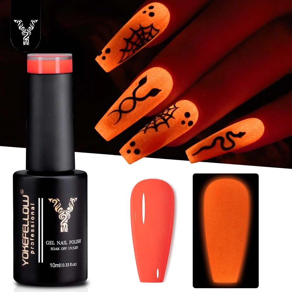 YOKEFELLOW Esmalte de uñas en gel que brilla en la oscuridad, 10 ml, esmalte de uñas en gel luminoso fluorescente naranja y neón, arte de uñas para Halloween, mujeres y niñas