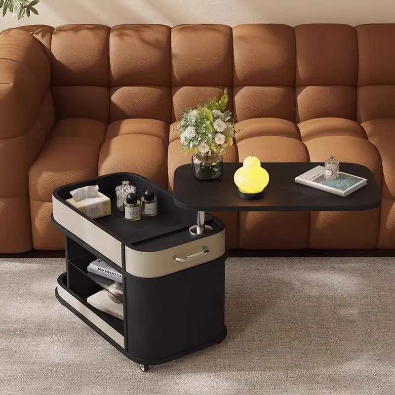 Movable lift coffee table small apartment living room home 2025 new trolley smoked wood grain saddle leather edge table