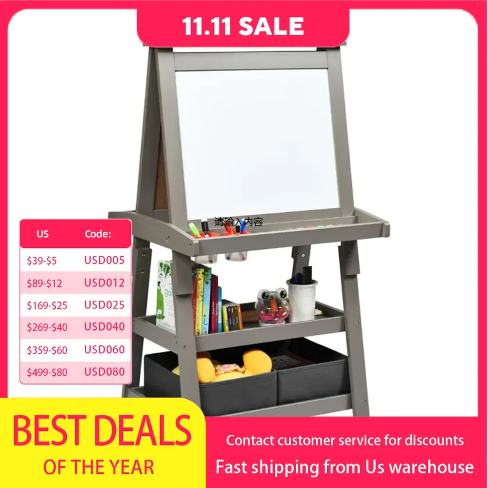 

3-in-1 Double-Sided Storage Art Easel Gray Safe Material and Stable Structure Ample Storage Space Best Gift for Kids