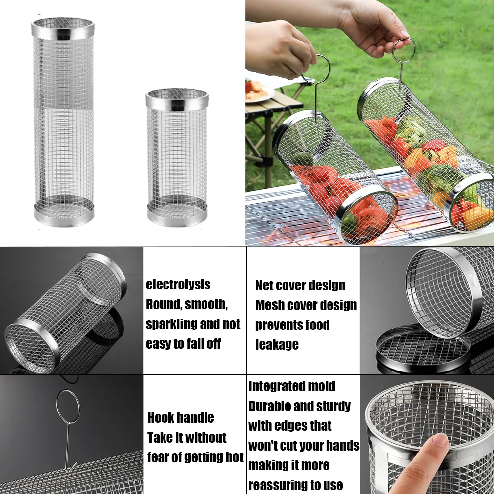 Rolling Grilling 、Stainless Steel BBQ Net Tube Baskets Accessories Tools for Vegetable Fish Meat Food Camping