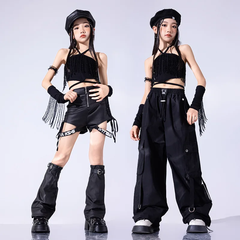 

Hip-Hop Girls Dance Outfits Black Fringed Designs Teens Groups Performances Costumes for Children's 4 To 16 Years Kids Clothes