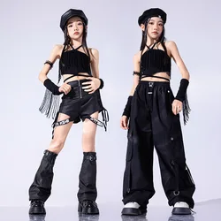 Hip-Hop Girls Dance Outfits Black Fringed Designs Teens Groups Performances Costumes for Children's 4 To 16 Years Kids Clothes