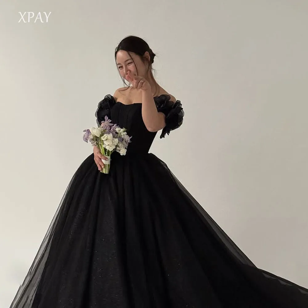 

XPAY Shiny Black Tulle Evening Dress Korea Photo Shoot Off Shoulder Backless A-Line Special Occasion Prom Gown Customized