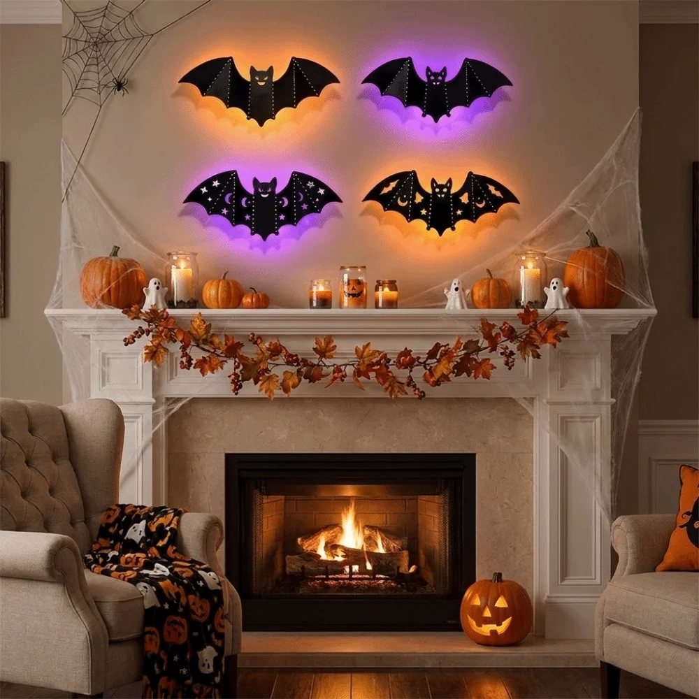 8Pcs 3D Luminous Bats Bat Wall Sticker PET Material Stereoscopic LED Bat Light Self-Adhesive Halloween Wall Decal