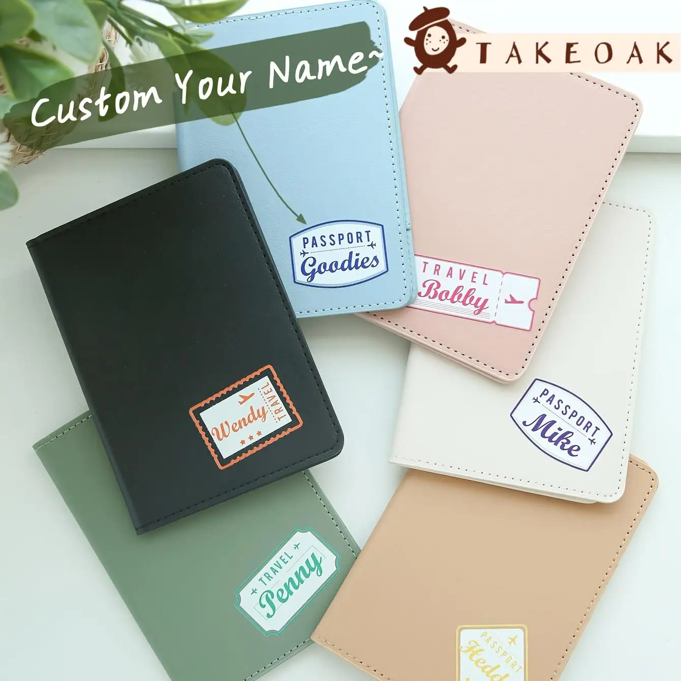 takeoak-カスタム名入りパスポートカバー、旅行用チケットケース、puレザー製パスポートホルダー、ヴィンテージスタンププリント、携帯用パスポートバッグ、整理用