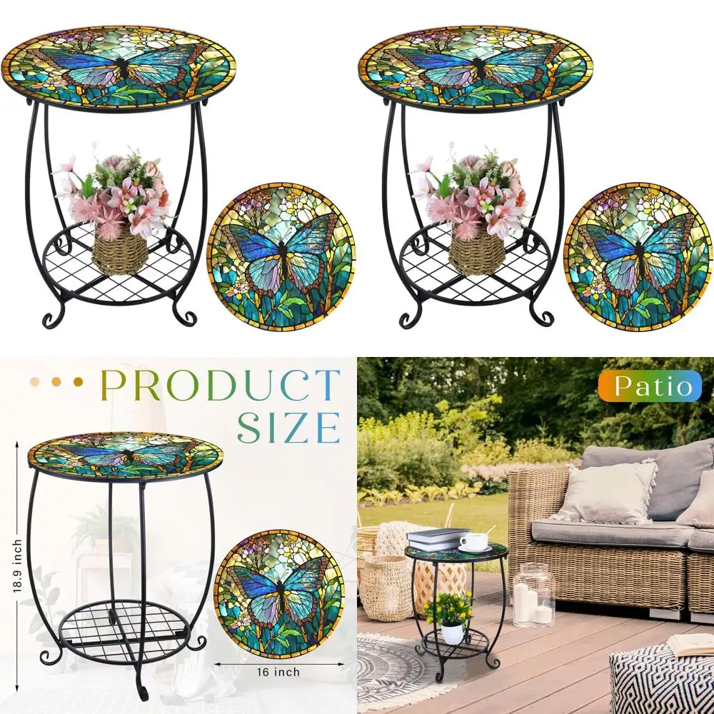 

Круглый мозаичный столик для улицы, патио, сада, веранды, гостиной и спальни - дизайн «Бабочка», 16 дюймов