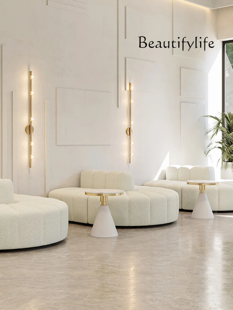 Sofá de tela de doble cara para zona de estar, asiento de tarjeta para tienda de té de la leche, salón de belleza, ocio, color crema francés