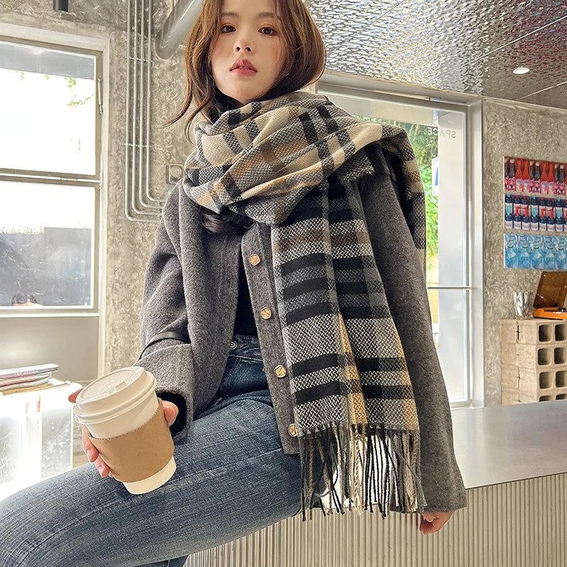 2024 Winter Thickened Scarf South Korea Sweet and Warm Imitation Cashmere Scarf Checkered Shawl Scarf Women\'s Versatile Fashion