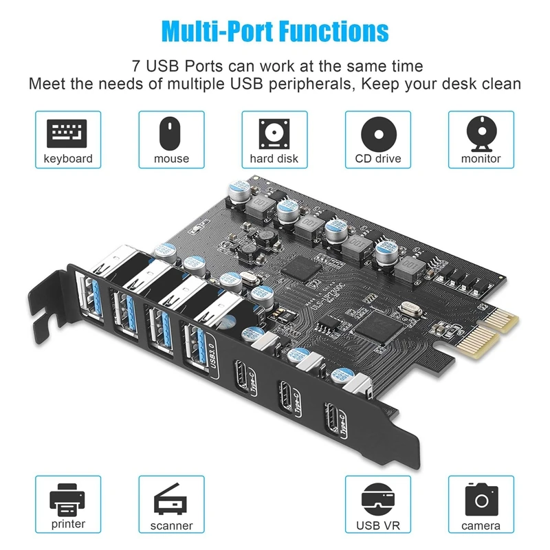 Scheda di espansione PCI Express da 2 pezzi a 7 porte Convertitore scheda di espansione PCI-E a tipo C per PC desktop, per Win/Linux/Etc