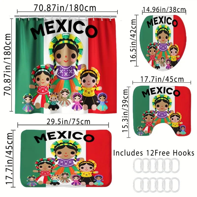 Mexican Dolls Themed Shower Curtain Set with Bath Mat, U-Shaped Rug & Toilet Lid Cover - Machine Washable Polyester Fabric with