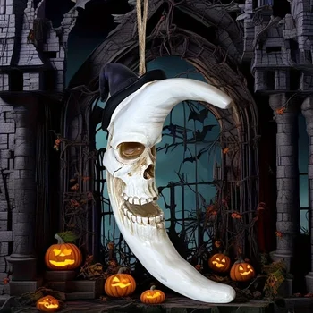 Halloween Skull Moon Resin Statue with Witch Hat