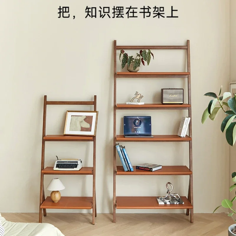 

Saddle Leather Bookshelf Mid-Ancient Replica Shelf Floor Multi-Layer Storage Cabinet Solid Wood Wall Living Room