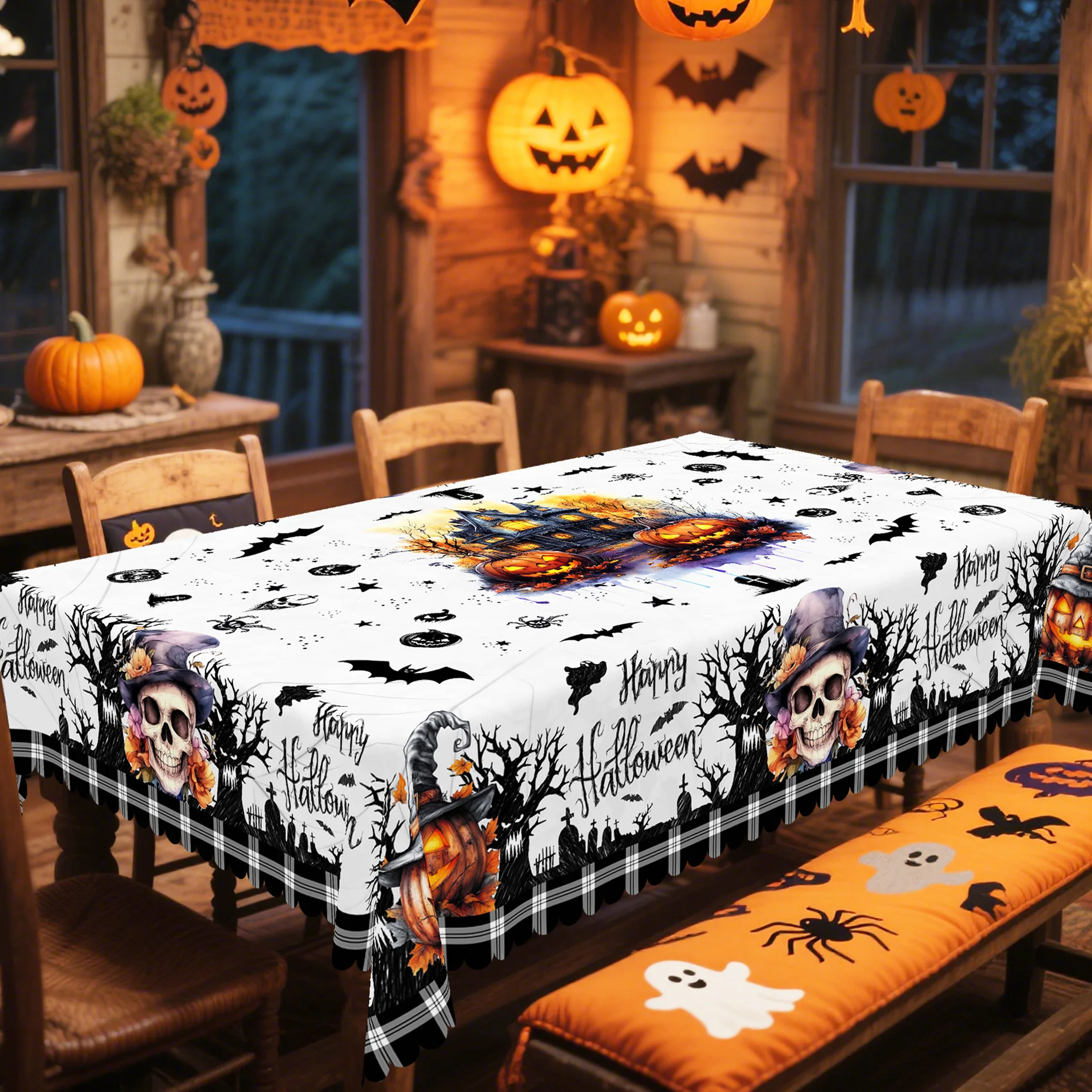 1 Piece Halloween-Themed Printed Tablecloth, Featuring Castle, Pumpkin, Skull, and Ghost Designs, Suitable for Holiday Gatherings, Halloween Party Decorations, Kitchen Accessories, Restaurant Terrace Decoration, Boy's Room Decoration, Perfect Gift for Friends, Round and Rectangular Tablecloths, Available in Various Sizes