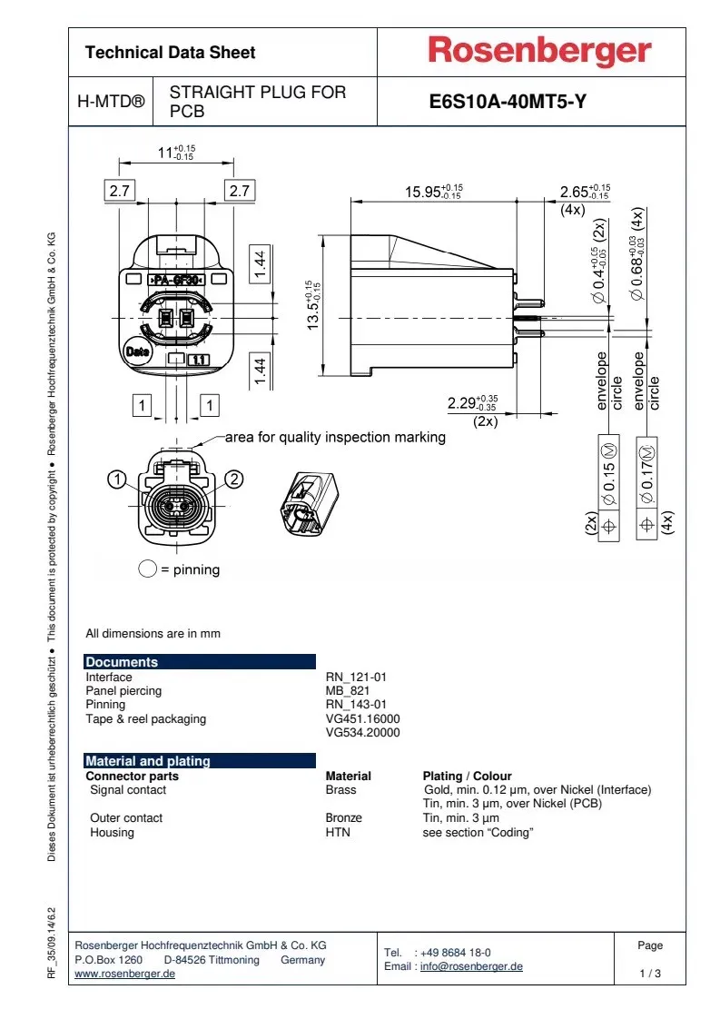 Rosenberge E6S10A-40MT5-A Z H-MTD RF connector Plate end connector Vehicle Ethernet plug