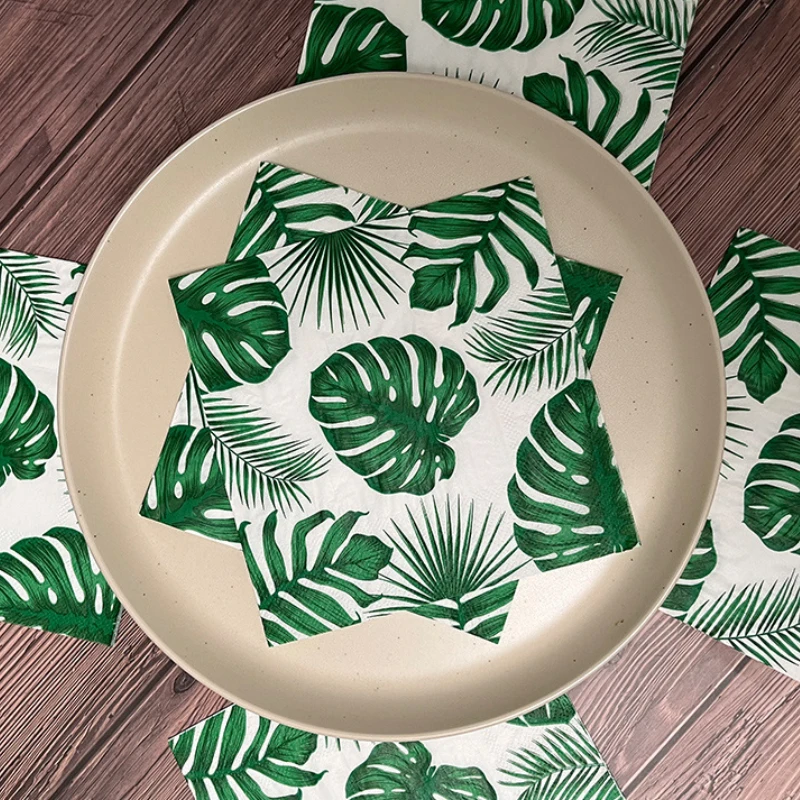 20pcs 33cm 2-Ply Palm Leaves Turtleback Bamboo Green Printed Napkins Party Decoration Wine Glass Flowers Paper Placemats