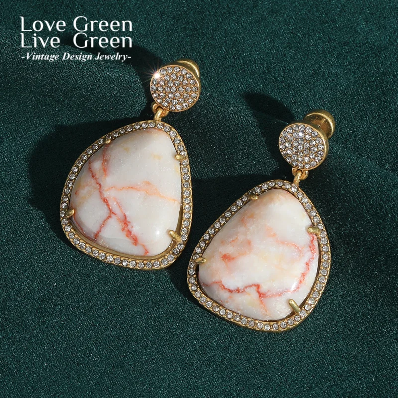 

Antique Pink Natural Stone Drop Earring Gold Color Rhinestone Vintage Jewelry Fashion Luxury For Women Trendy Unique 2025 New