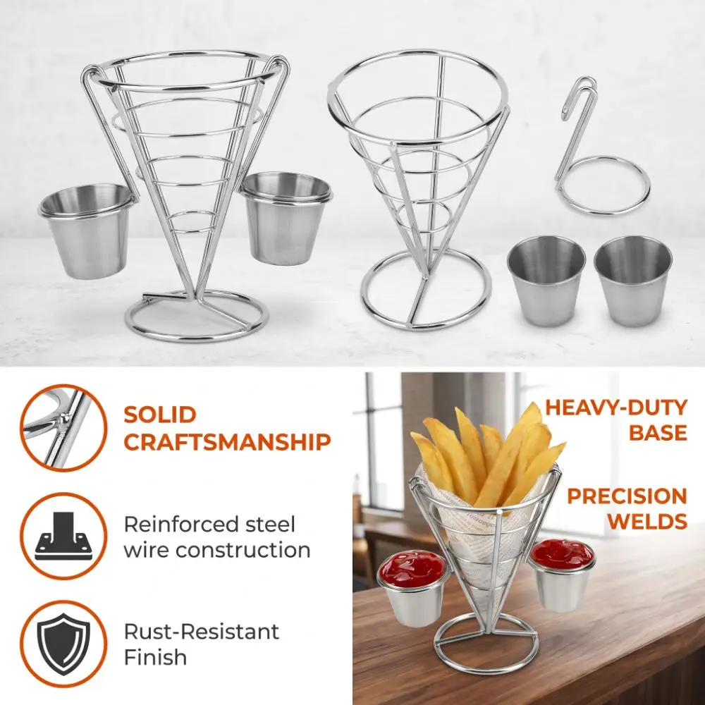 Durable Iron French Fry Cone Holder with Sauce Cup Sliver Fries Display Stand Study Convenient Fries Baskets Home Restaurant