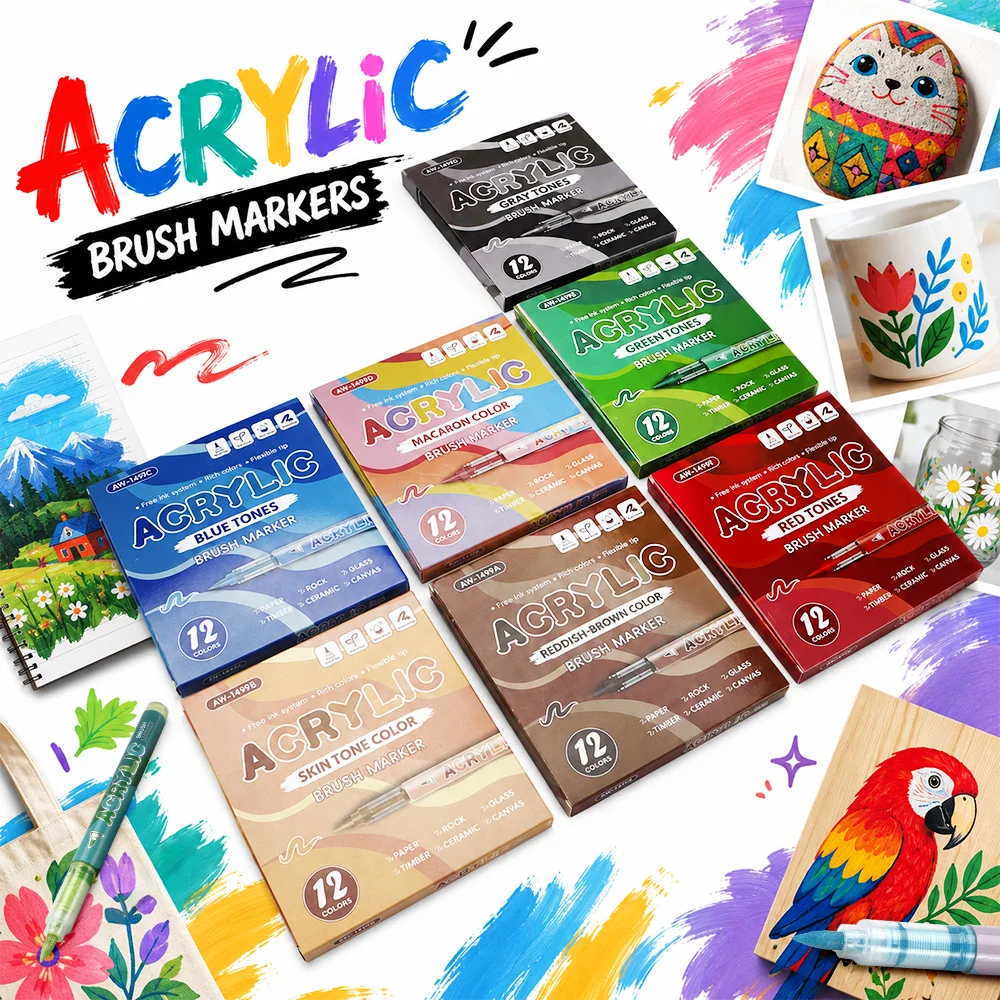 12 Colors Acrylic Marker Pens Soft Brush Tip Waterproof 7 Color Palette Drawing Rock Painting Glass Ceramic Art DIY Crafts Gifts