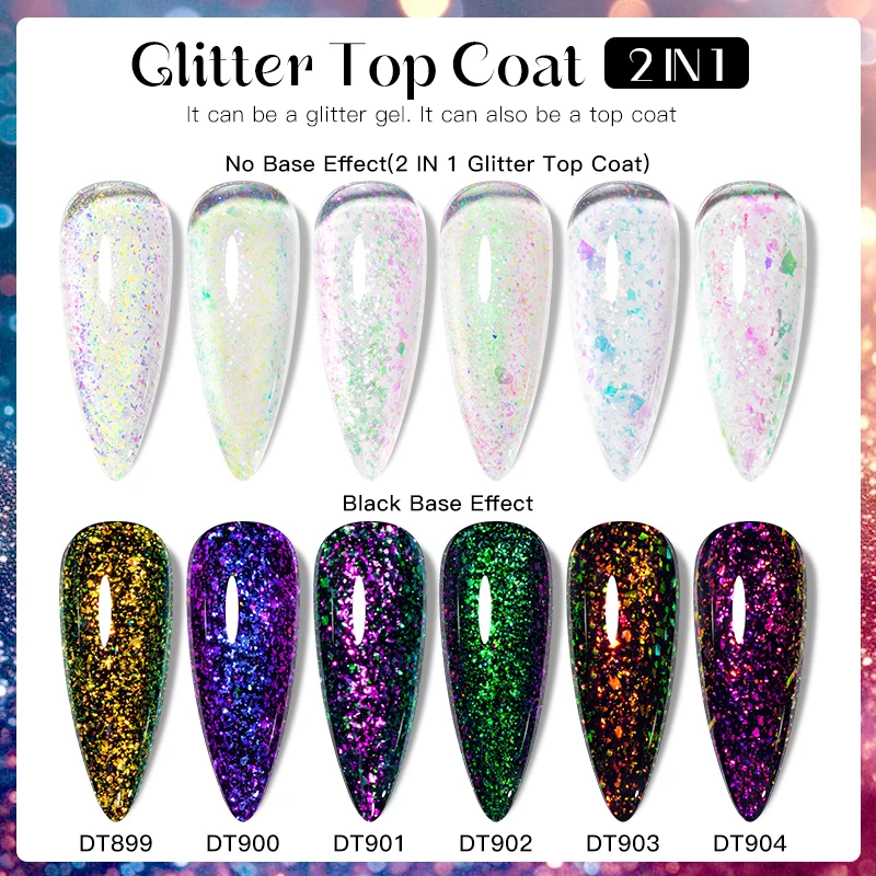 MEET ACROSS 7ml Glitter Top Coat Brocade Powder Gel Nail Polish 2 In 1 Chameleon Function UV LED Nail Art Varnish Soak Off Nails