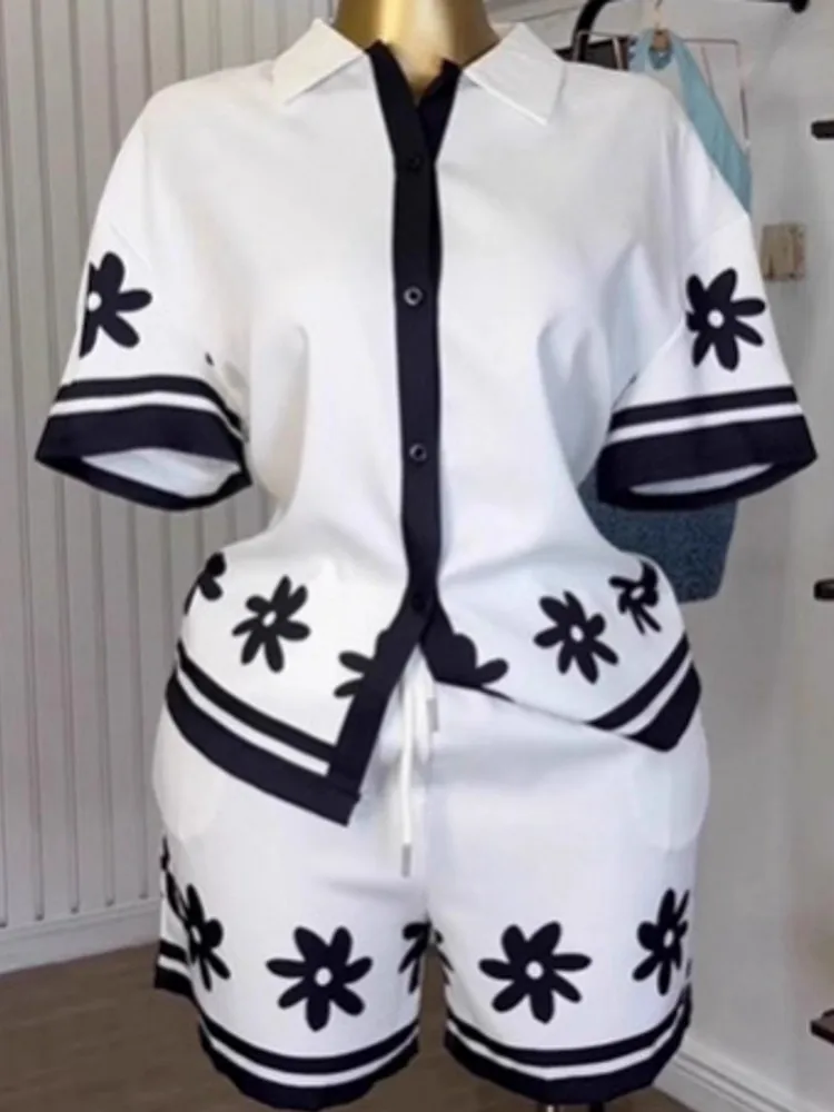 

2 Pieces Set Sexy Summer Autumn Fashion Women Set Female Short Sleeve Blouse Shirt Tops And Shorts Suit Matching Outfit