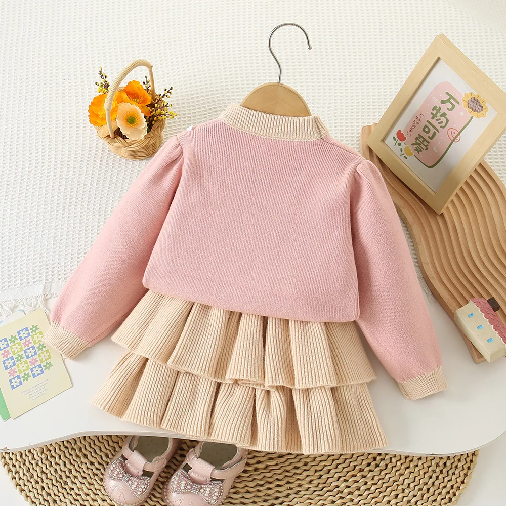 2-7Y Girls Clothing Set Prom Heart Sweaters Pleated Skirt 2PCS  Girls Knit Suit Knit Pullover