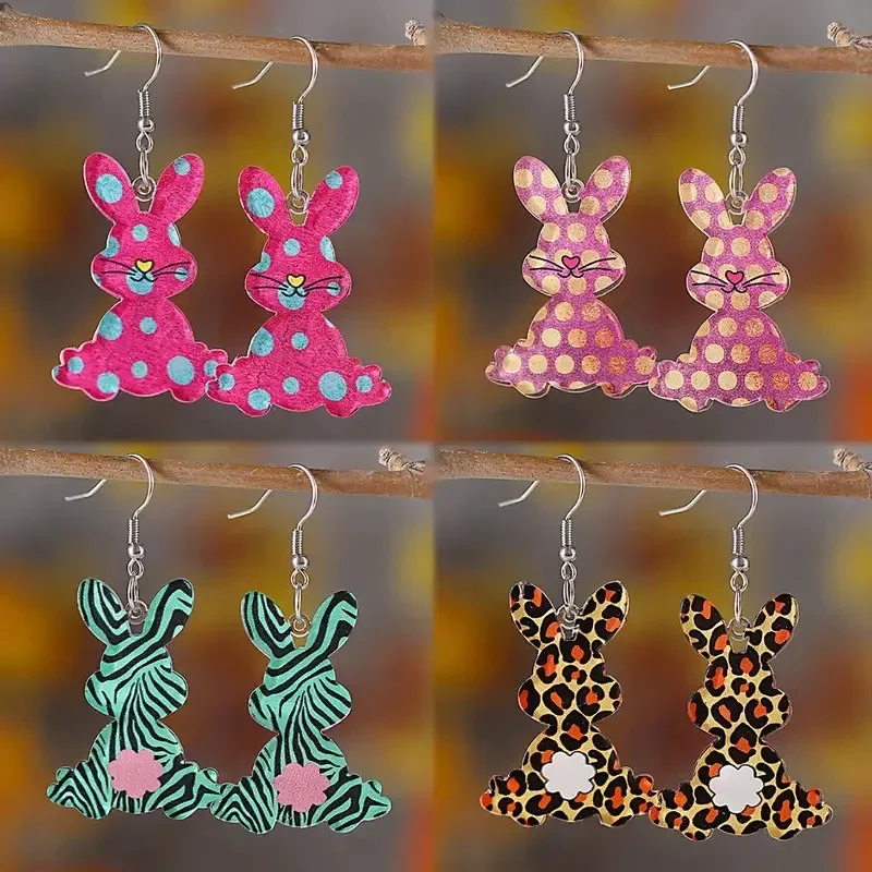 2025 New Colorful Cartoon Easter 2D Flat Rabbit Dangle Earrings Fashion Leopart Print Creative Bunny Drop Earring Women