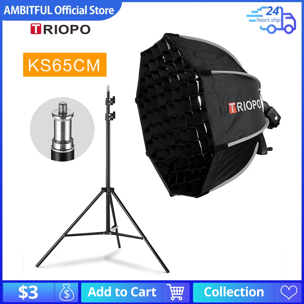 

TRIOPO 65cm Foldable Octagon Softbox Bracket Mount Softbox Handle + Honeycomb Grid + 2m Light Stand for Godox Speedlite Flash