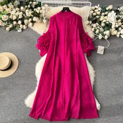 Sweet Pleated Vintage Three-dimensional Flower Loose Long Dress Chic Evening Korean Fashion Fashion Women Summer Dresses